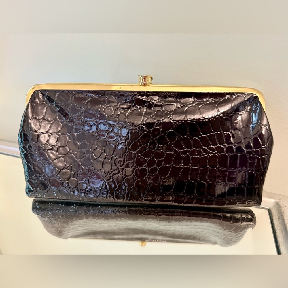 Black Croc Embossed Clutch Purse Gold Frame Leopard Lining
